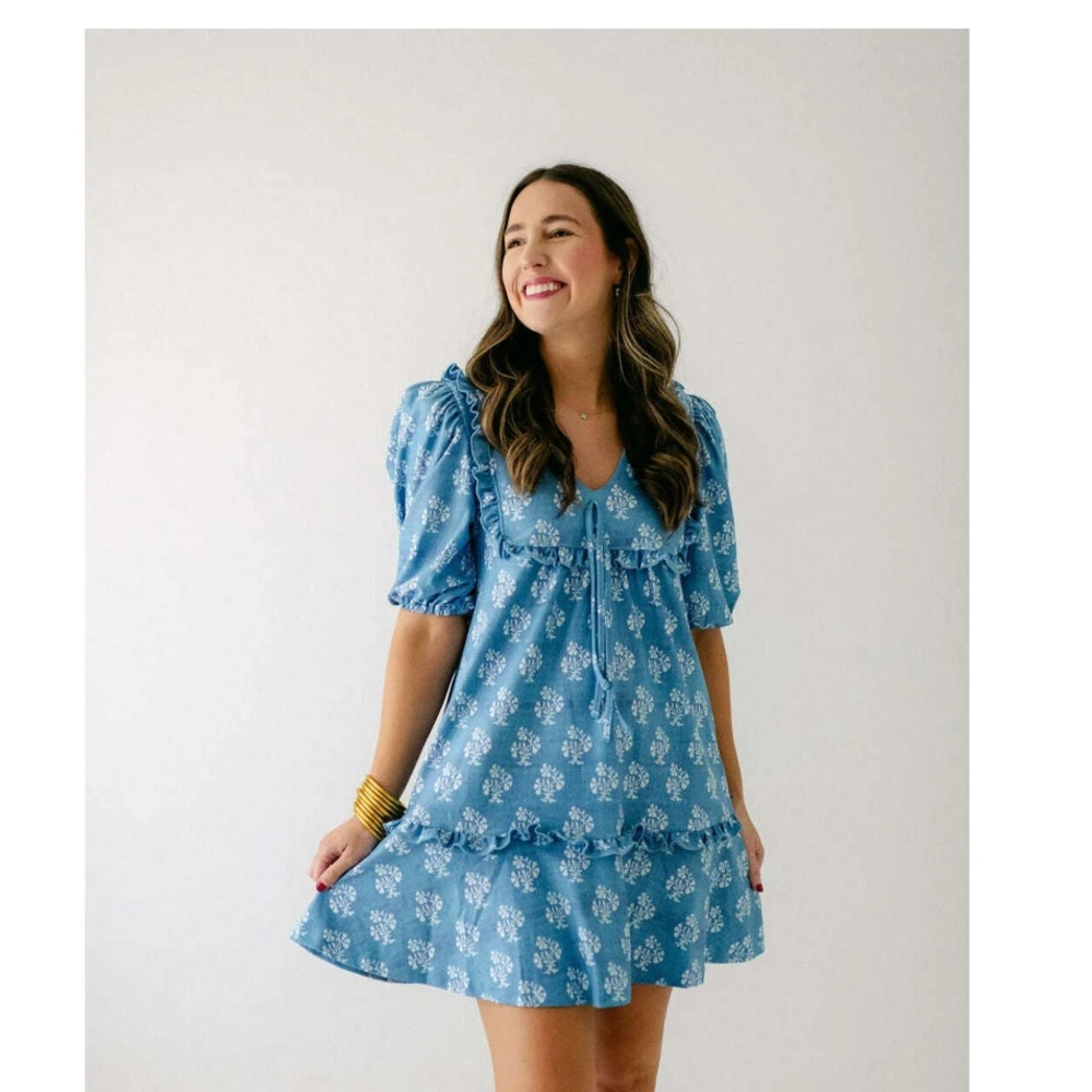 Blue Ruffled Puff Sleeve Mini Sundress